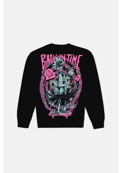 Siyah Back In Times Baskılı Oversize Erkek Bisiklet Yaka Sweatshirt