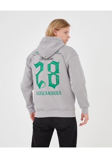 Gri Blossom 28 Baskılı Oversize Kapuşonlu Erkek Sweatshirt