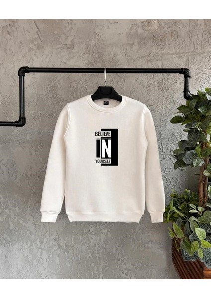 Beyaz Believe Baskılı Oversize Bisiklet Yaka Erkek Sweatshirt
