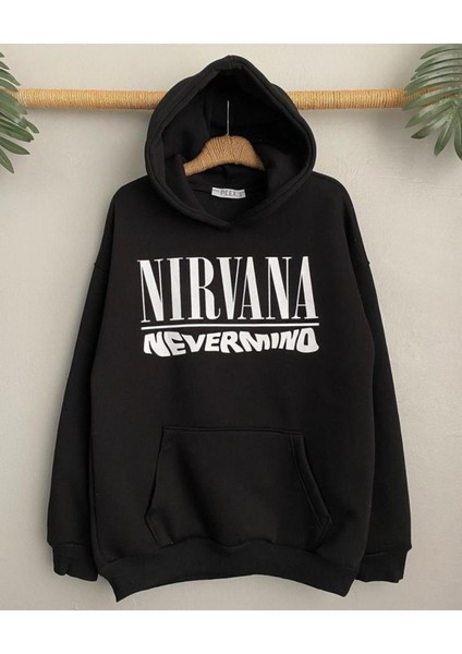 Siyah Nirvana Baskılı Oversize Kapuşonlu Erkek Sweatshirt