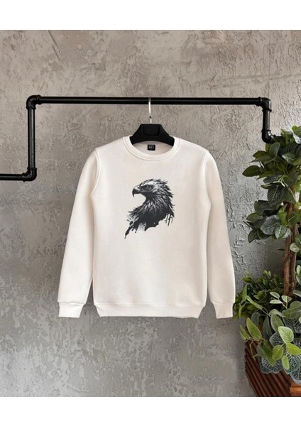 Beyaz Kartal Baskılı Oversize Bisiklet Yaka Erkek Sweatshirt