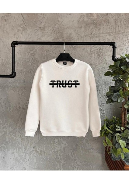 Beyaz Trust Baskılı Oversize Bisiklet Yaka Erkek Sweatshirt