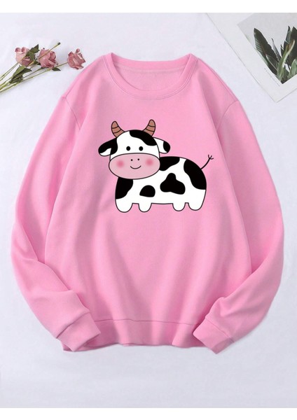 Pembe Inek Baskılı Oversize Bisiklet Yaka Kadın Sweatshirt