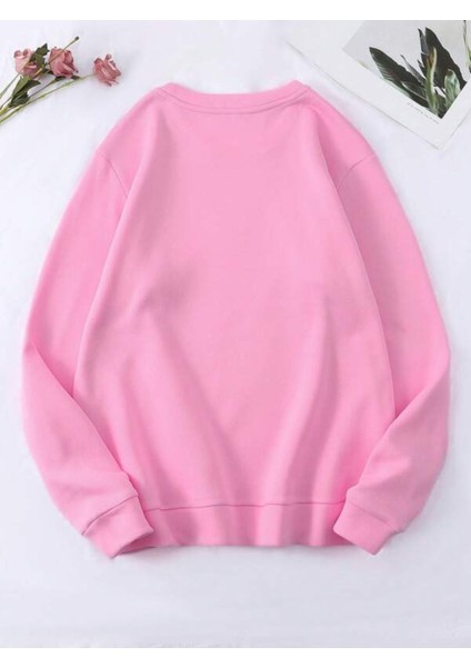 Pembe Inek Baskılı Oversize Bisiklet Yaka Kadın Sweatshirt