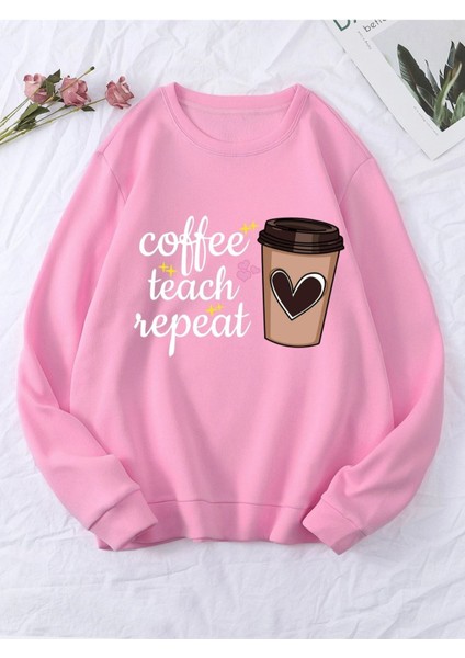 Pembe Coffee Teach Baskılı Oversize Bisiklet Yaka Kadın Sweatshirt