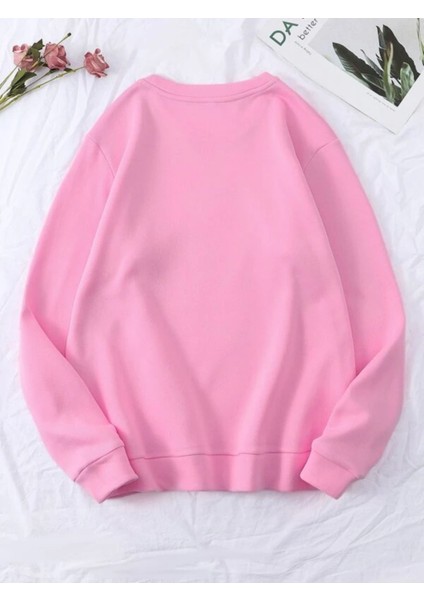 Pembe Coffee Teach Baskılı Oversize Bisiklet Yaka Kadın Sweatshirt