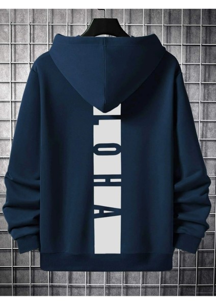 Lacivert Sırt Aloha Baskılı Oversize Kapüşonlu Erkek Sweatshirt
