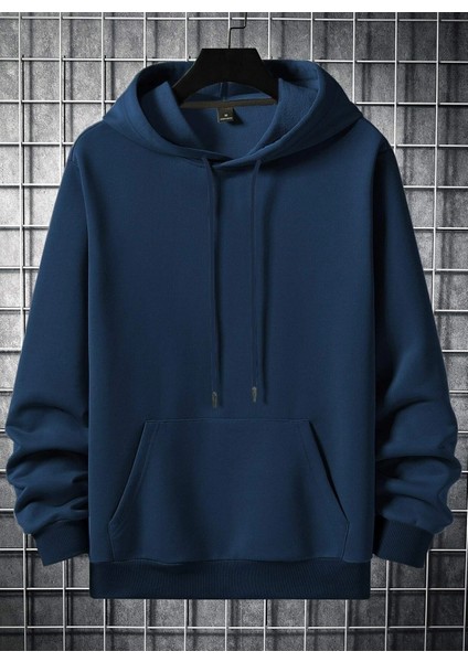 Lacivert Sırt Aloha Baskılı Oversize Kapüşonlu Erkek Sweatshirt