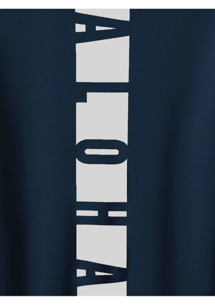 Lacivert Sırt Aloha Baskılı Oversize Kapüşonlu Erkek Sweatshirt