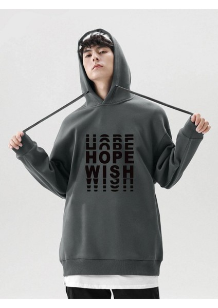 Antrasit Hope Wish Baskılı Oversize Kapüşonlu Erkek Sweatshirt