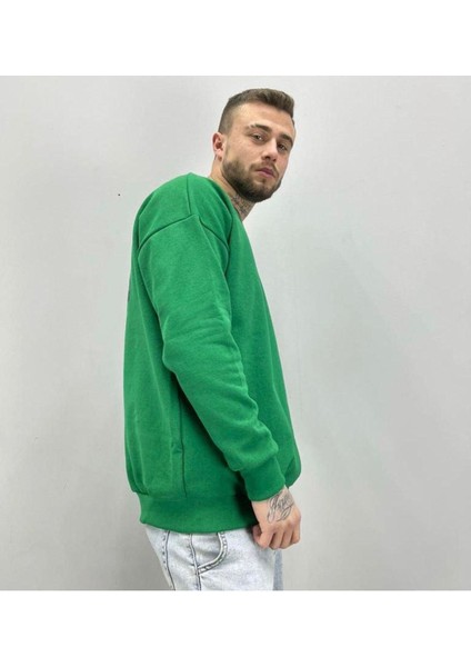 Erkek Yeşil Love Wıth You Baskılı Oversize Bisiklet Yaka Sweatshirt