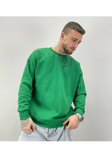Erkek Yeşil Love Wıth You Baskılı Oversize Bisiklet Yaka Sweatshirt