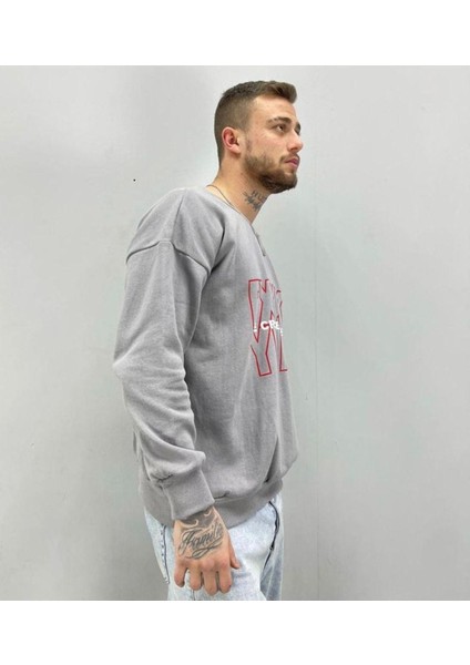 Erkek Gri Fxxk Yeah Baskılı Oversize Bisiklet Yaka Sweatshirt