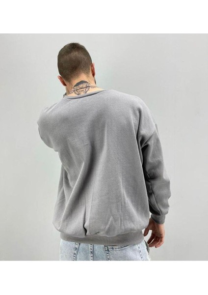 Erkek Gri Fxxk Yeah Baskılı Oversize Bisiklet Yaka Sweatshirt