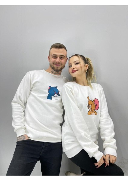 Beyaz Mavi Tom Baskılı Bisiklet Yaka Sevgili Kombini İkili Set