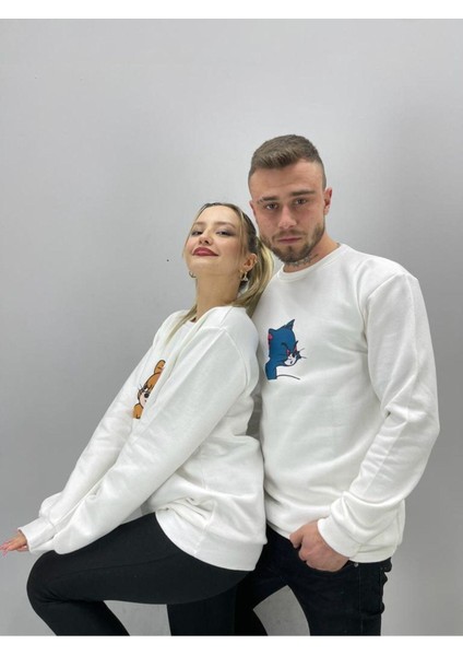 Beyaz Mavi Tom Baskılı Bisiklet Yaka Sevgili Kombini İkili Set modelleri