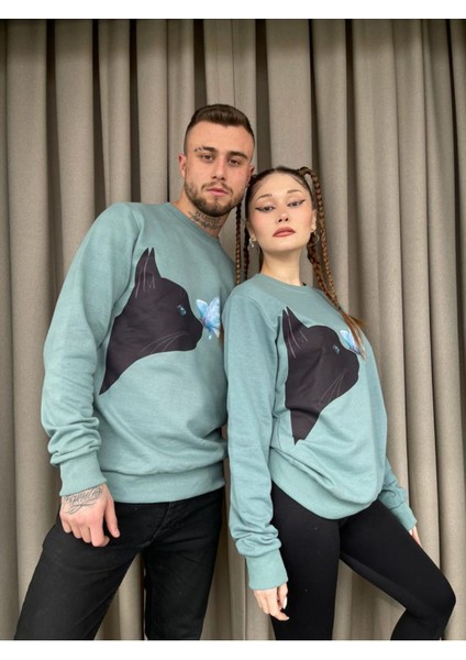 Unisex Nefti Yeşili Büyük Kedi Baskılı Bisiklet Yaka Sevgili Kombini 2'li Set