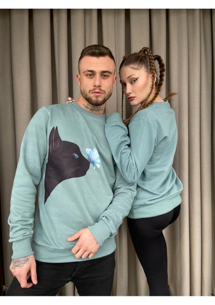 Unisex Nefti Yeşili Büyük Kedi Baskılı Bisiklet Yaka Sevgili Kombini 2'li Set fiyatları