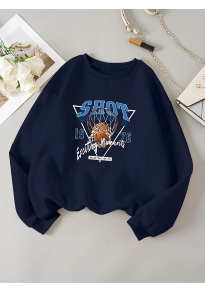 Mavi Shot Baskılı Oversize Bisiklet Yaka Erkek Sweatshirt