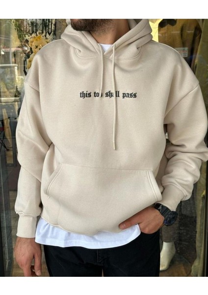 Bej Shall Pass Baskılı Oversize Kapuşonlu Erkek Sweatshirt