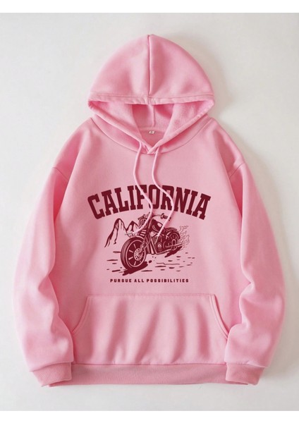 Pembe California Motor Baskılı Oversize Kapüşonlu Unisex Sweatshirt