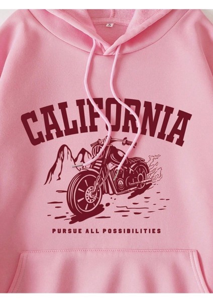 Pembe California Motor Baskılı Oversize Kapüşonlu Unisex Sweatshirt