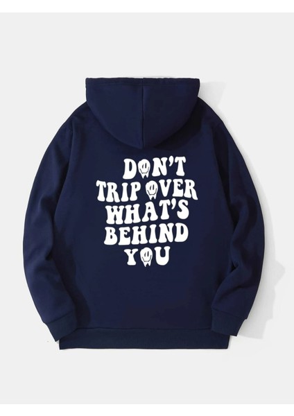 Lacivert Don't Trip Over Baskılı Oversize Kapüşonlu Erkek Sweatshirt