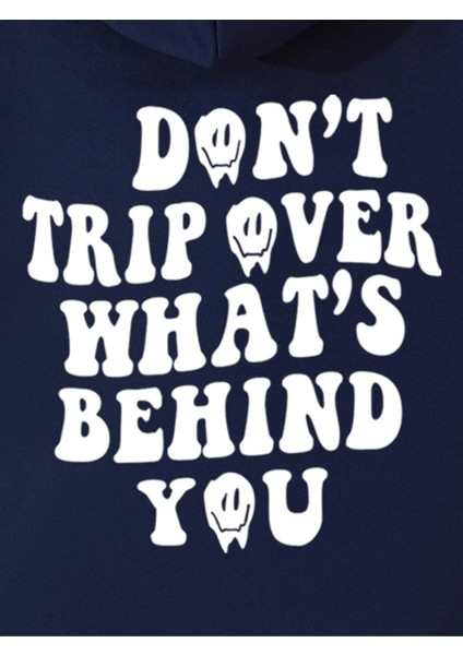 Lacivert Don't Trip Over Baskılı Oversize Kapüşonlu Erkek Sweatshirt