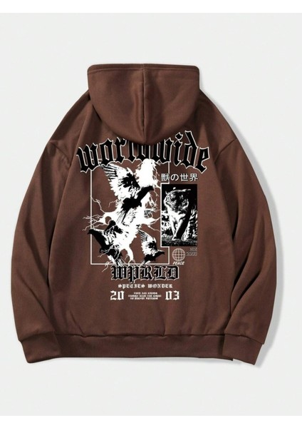 Kahverengi World Wide Yazı Baskılı Oversize Kapüşonlu Erkek Sweatshirt