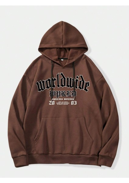 Kahverengi World Wide Yazı Baskılı Oversize Kapüşonlu Erkek Sweatshirt fiyatları