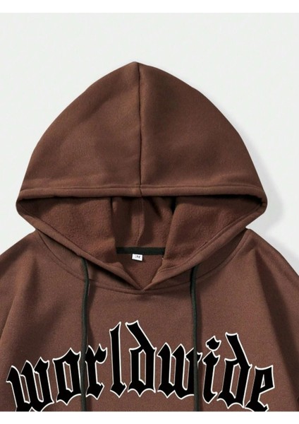 Kahverengi World Wide Yazı Baskılı Oversize Kapüşonlu Erkek Sweatshirt modelleri