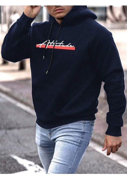 Lacivert Attitude Baskılı Oversize Kapüşonlu Erkek Sweatshirt