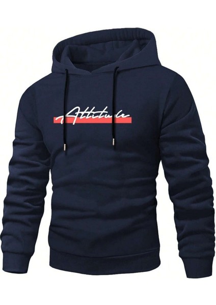 Lacivert Attitude Baskılı Oversize Kapüşonlu Erkek Sweatshirt