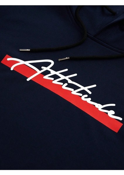 Lacivert Attitude Baskılı Oversize Kapüşonlu Erkek Sweatshirt