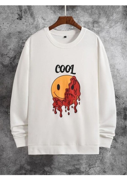 Cool Yüz Baskılı Beyaz Oversize Bisiklet Yaka Sweatshirt