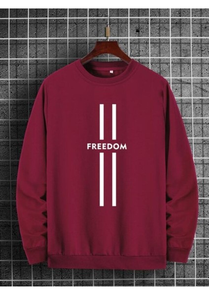 Çizgili Freedom Baskılı Bordo Oversize Bisiklet Yaka Sweatshirt