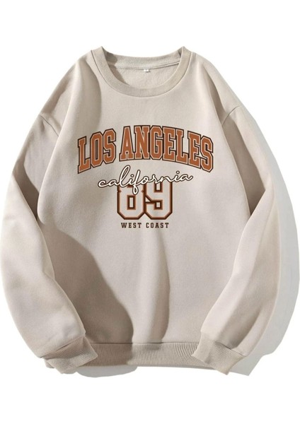 Unisex Bej Los Angeles 89 Baskılı Oversize Bisiklet Yaka Sweatshirt
