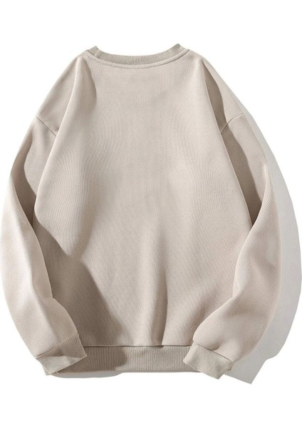 Unisex Bej Los Angeles 89 Baskılı Oversize Bisiklet Yaka Sweatshirt