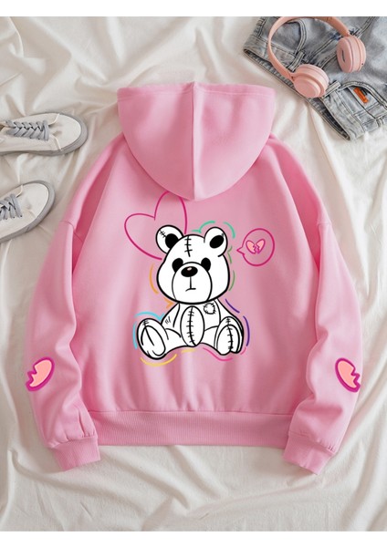 Pembe Üzgün Ayı Baskılı Oversize Kapüşonlu Unisex Sweatshirt
