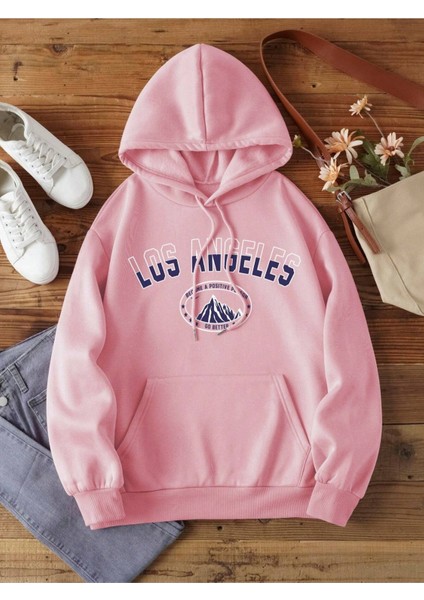 Pembe La Dağ Baskılı Oversize Kapüşonlu Unisex Sweatshirt