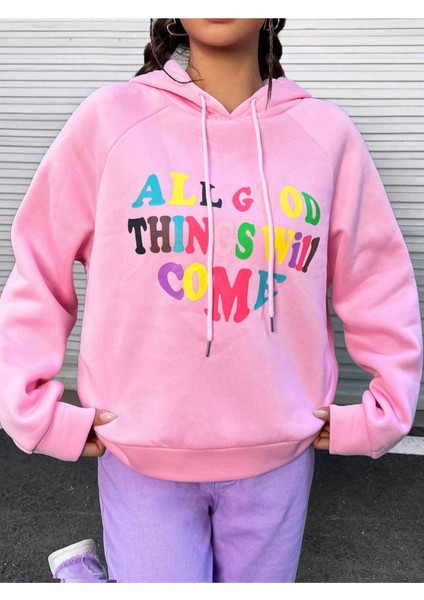 Pembe All Good Baskılı Oversize Kapüşonlu Unisex Sweatshirt