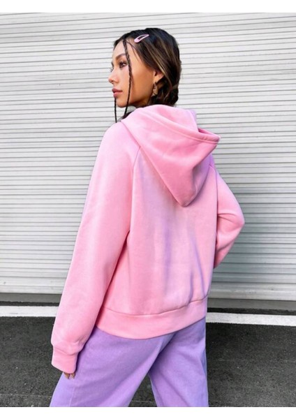 Pembe All Good Baskılı Oversize Kapüşonlu Unisex Sweatshirt