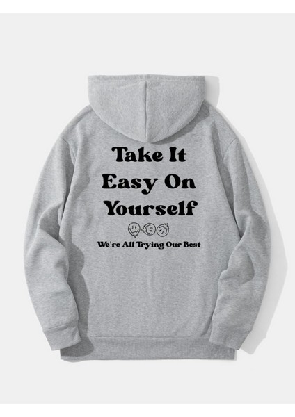 Gri Take It Baskılı Oversize Kapüşonlu Erkek Sweatshirt