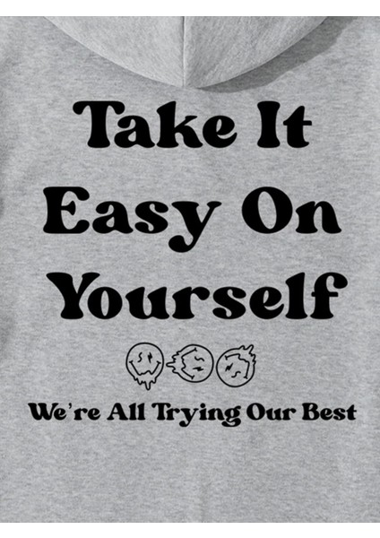 Gri Take It Baskılı Oversize Kapüşonlu Erkek Sweatshirt