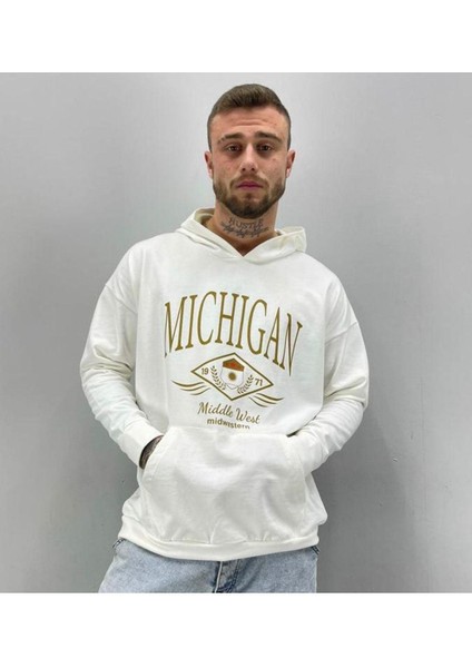 Erkek Beyaz Mıchıgan Baskılı Oversize Kapüşonlu Sweatshirt