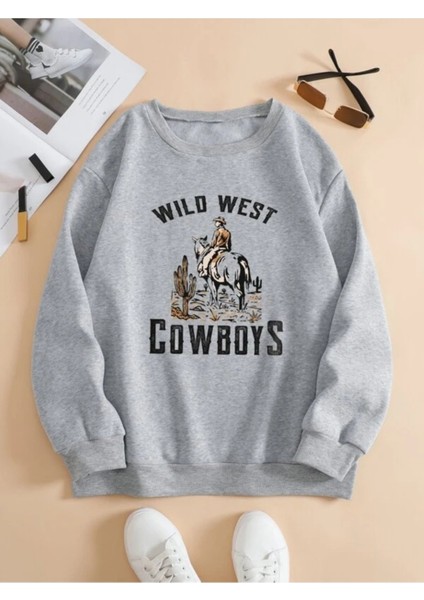 Unisex Gri Wild West Covboys Baskılı Bisiklet Yaka Sweatshirt