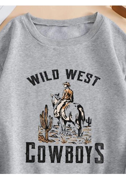 Unisex Gri Wild West Covboys Baskılı Bisiklet Yaka Sweatshirt indirimleri