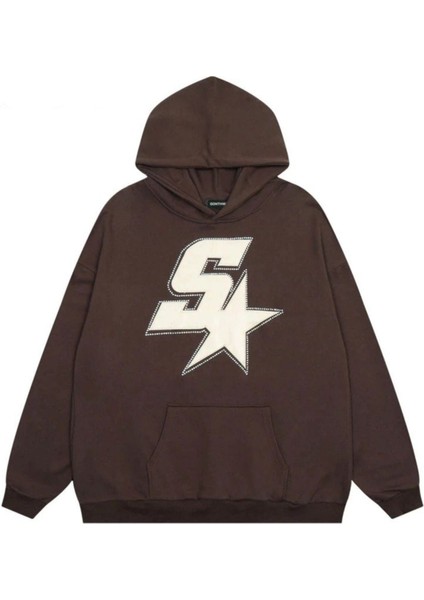 Unisex Kahverengi Yıldız Baskılı Oversize Kapüşonlu Sweatshirt