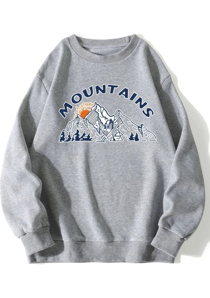 Unisex Gri Mountaıns Baskılı Sweatshirt