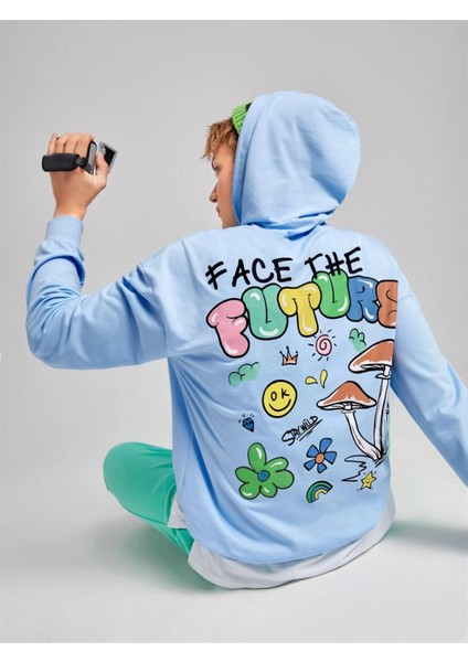 Bebe Mavi Face Future Baskılı Oversize Erkek Sweatshirt
